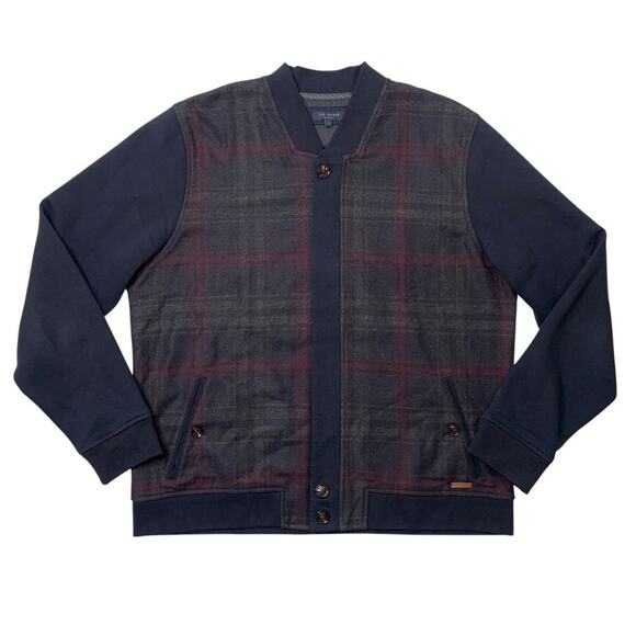 Ted Baker Jacket Mens 7 Navy Blue Wool Blend Fleece Lined Plaid Full Zip Bomber - Picture 1 of 15
